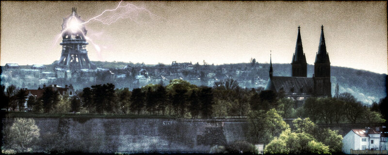 Storm over a city with lightning