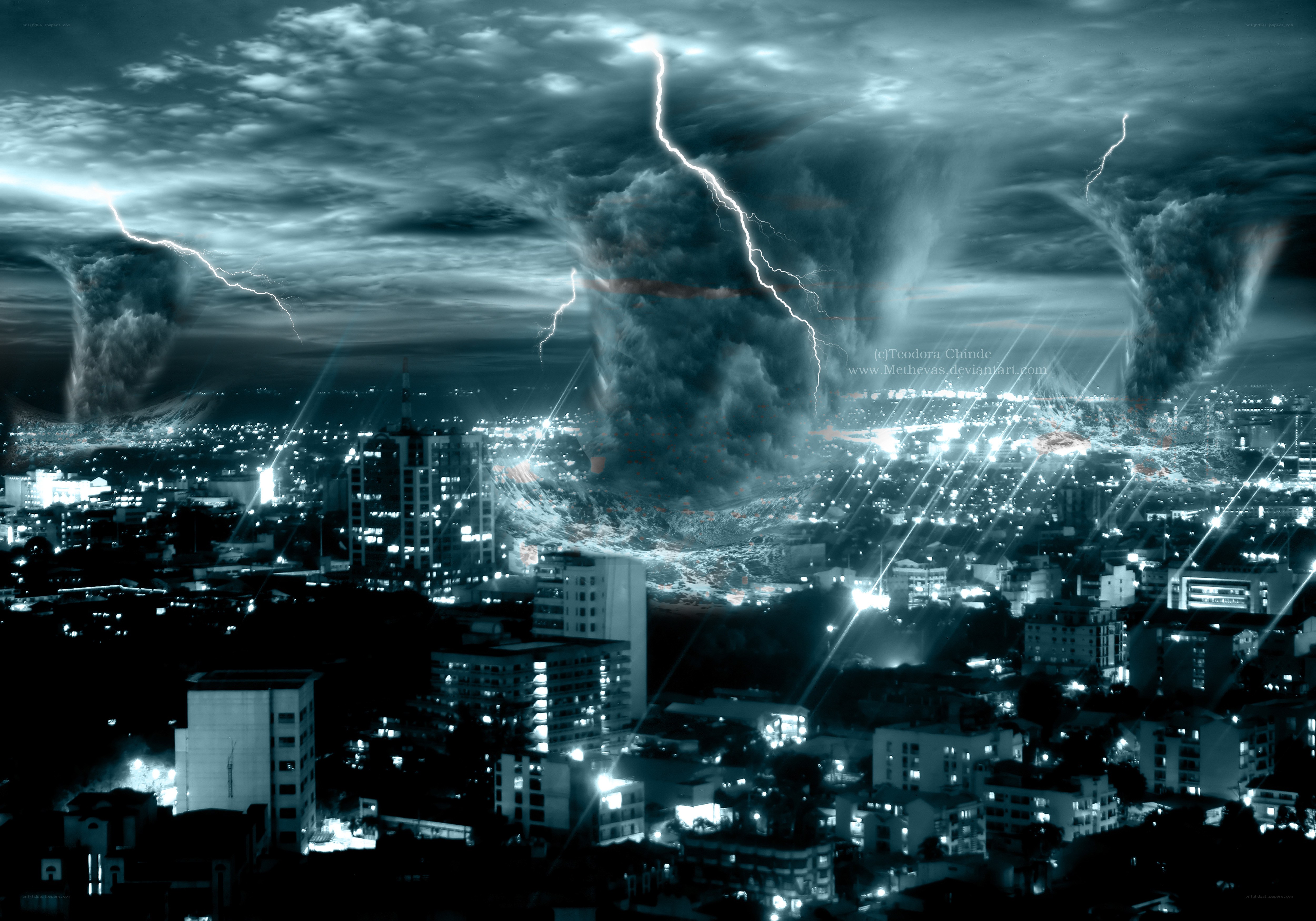 Storm over city at night
