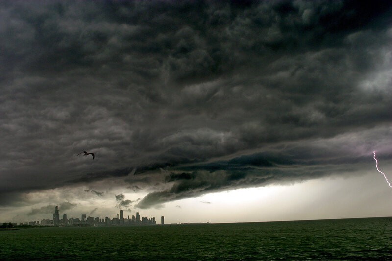 Storm over city skyline