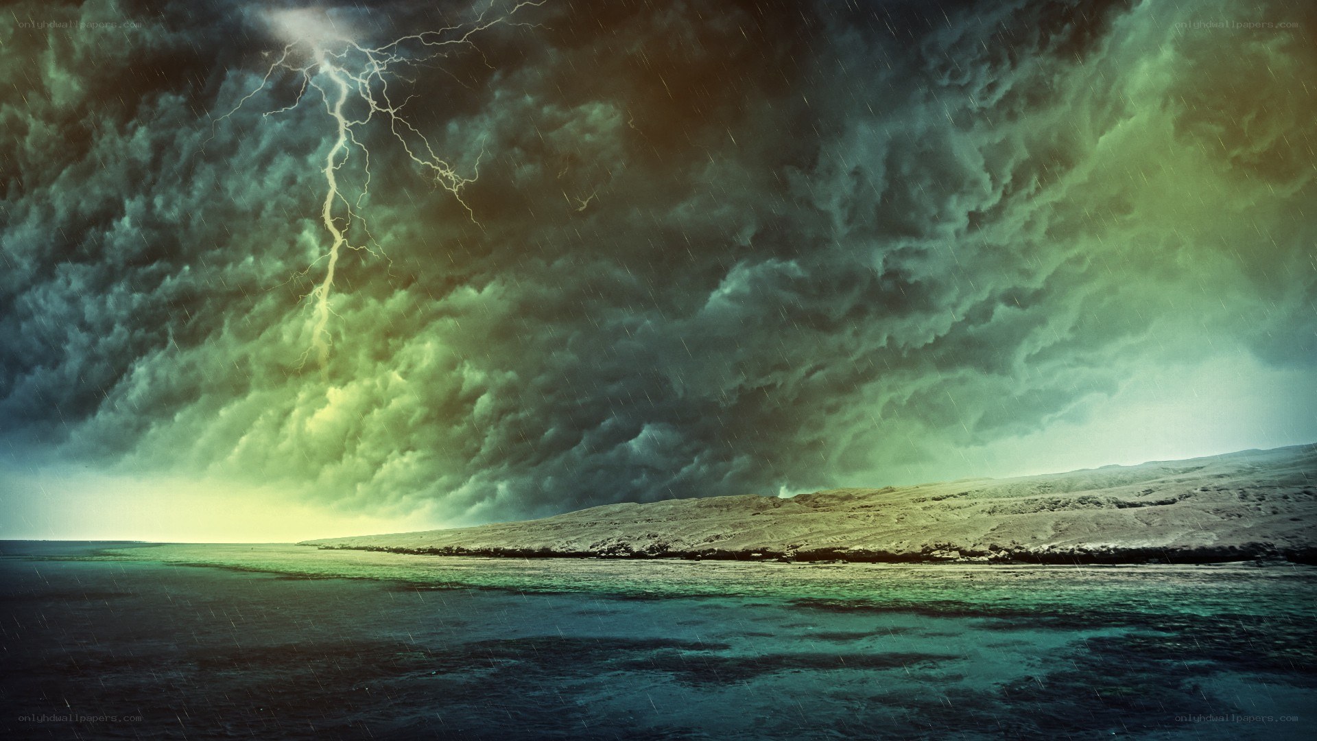 Storm over coastal landscape