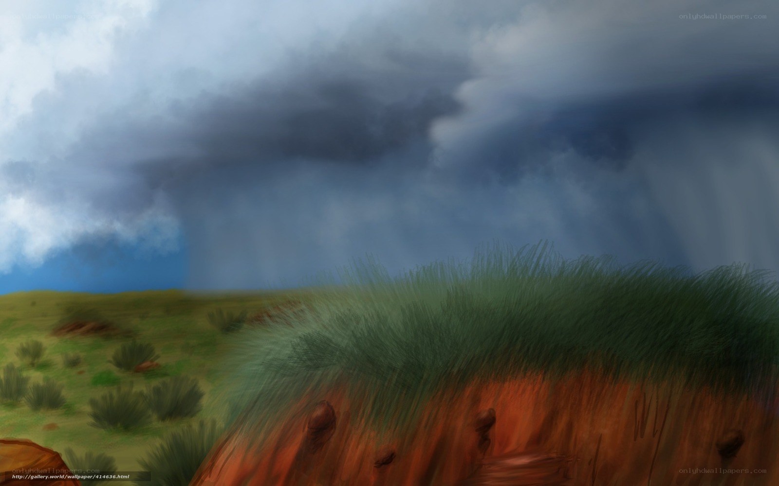Storm over grassy hills