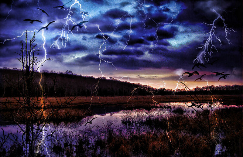 Storm over marsh with lightning
