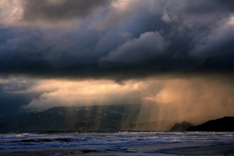 Storm over Ocean and Mountains — Gray, Dramatic, Afternoon