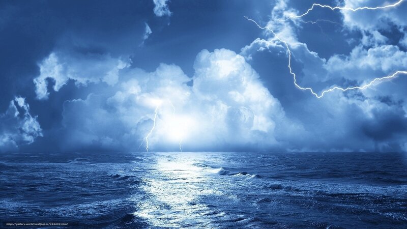 Storm over Ocean — Blue, Dramatic, Night, Photograph, Lightning, Clouds, Sea