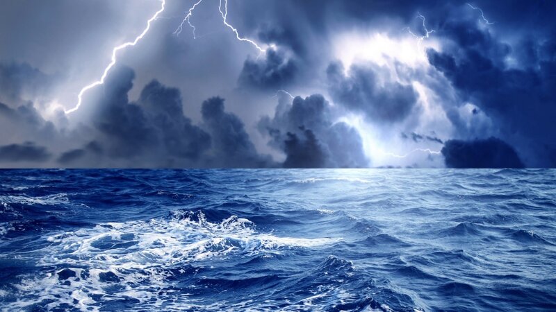 Storm over Ocean — Blue, Dramatic, Night, Photograph, Lightning