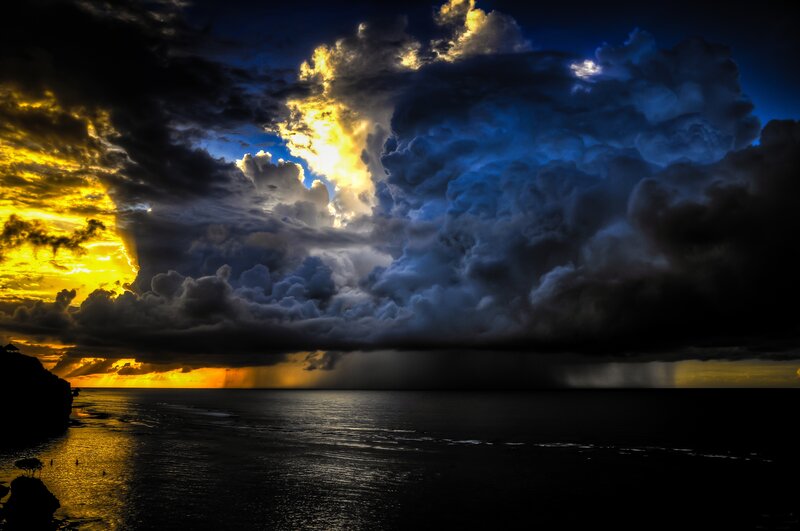 Storm over Ocean — Blue, Dramatic, Sunset, Photograph, Clouds, Sea, Sunlight, Yellow