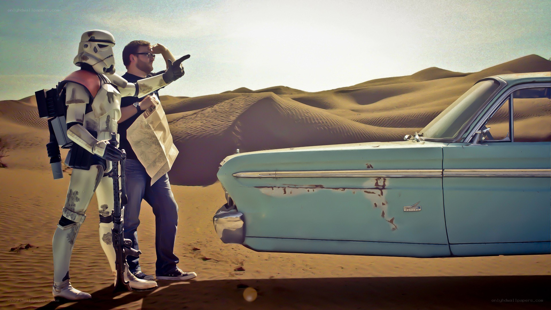 Stormtrooper and man in desert