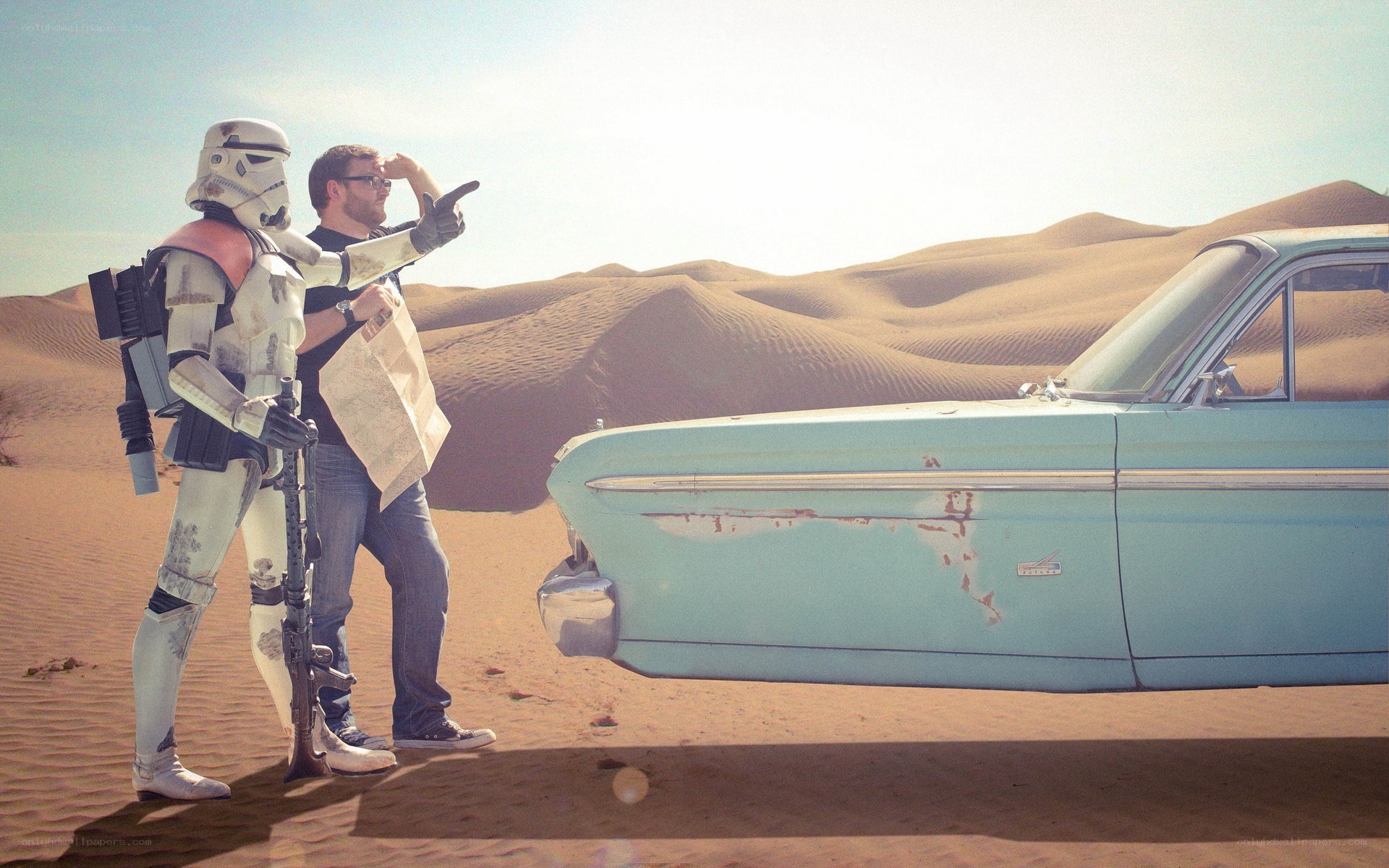 Stormtrooper and man in desert