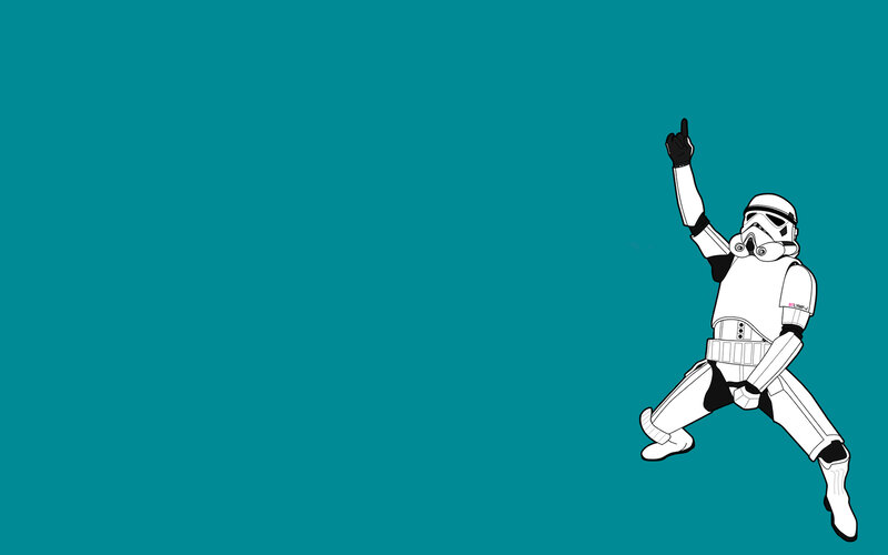 Stormtrooper Dancing — Teal, Playful, Illustration, Armored Suit, Pointing Hand