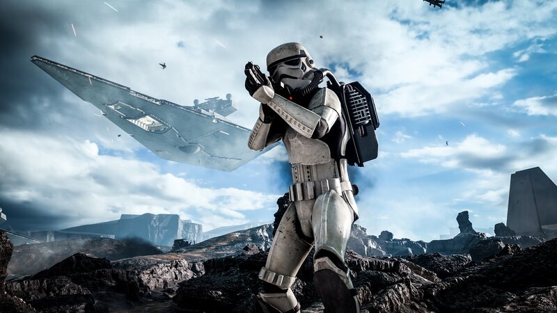 Stormtrooper on Rocky Terrain — Gray, Dramatic, Afternoon