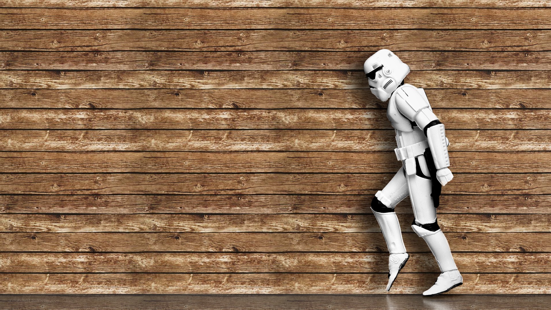 stormtrooper walking on wood