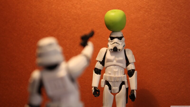 Stormtrooper with Apple — White, Playful, Photograph, Toy Figure
