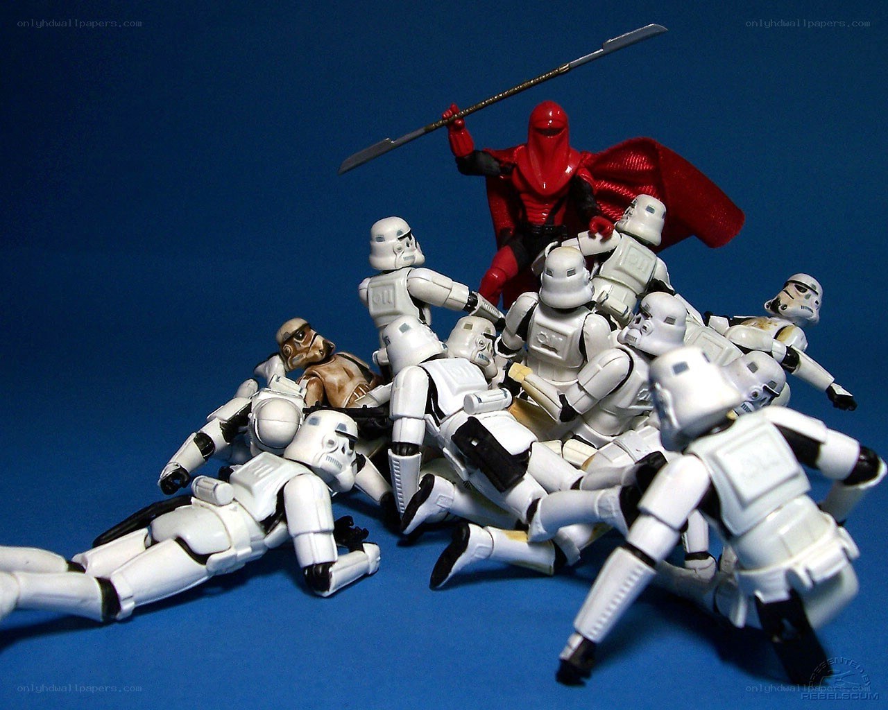Stormtroopers defeated by red warrior