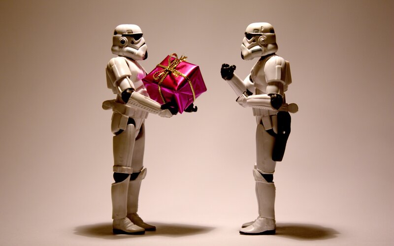 Stormtroopers exchanging gift