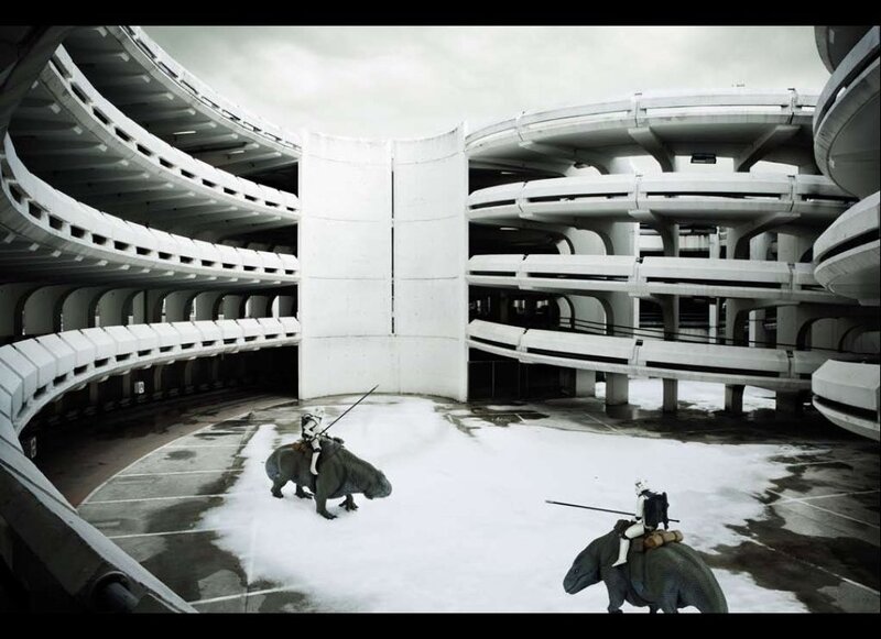 Stormtroopers on creatures in a parking garage