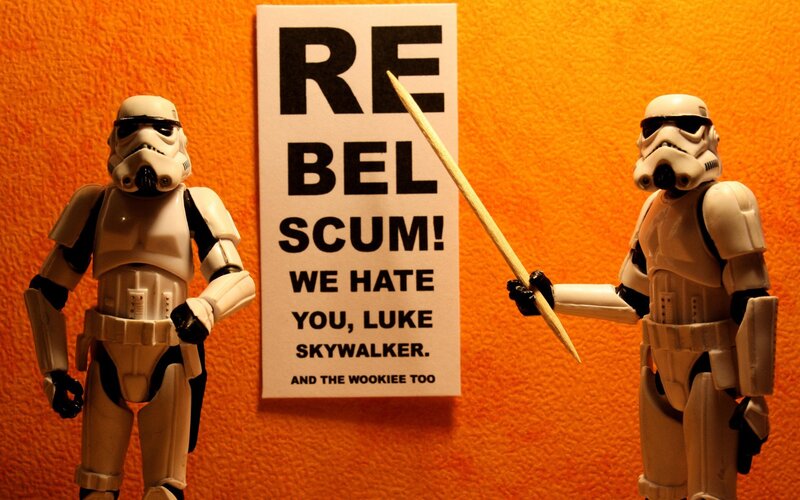 Stormtroopers with Rebel Scum sign