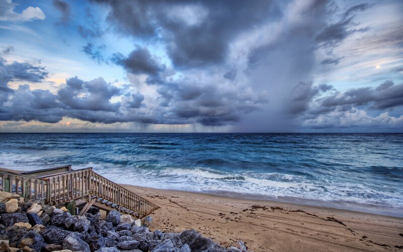 Stormy beach at dusk