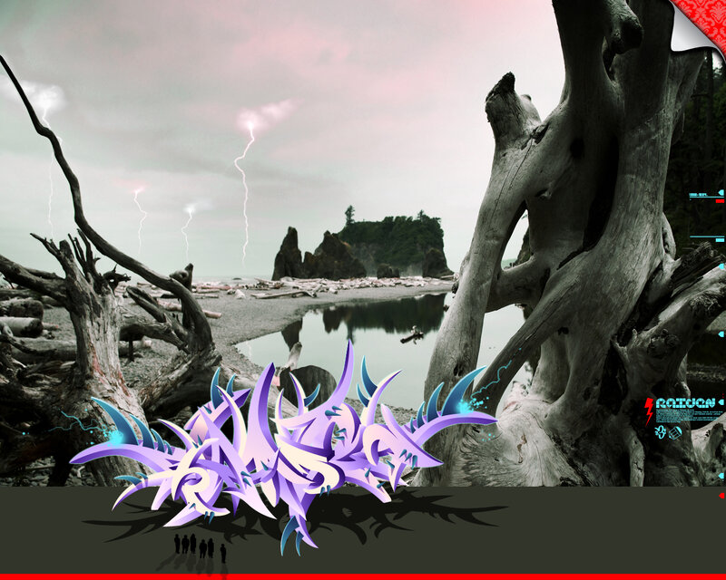 Stormy beach with graffiti art