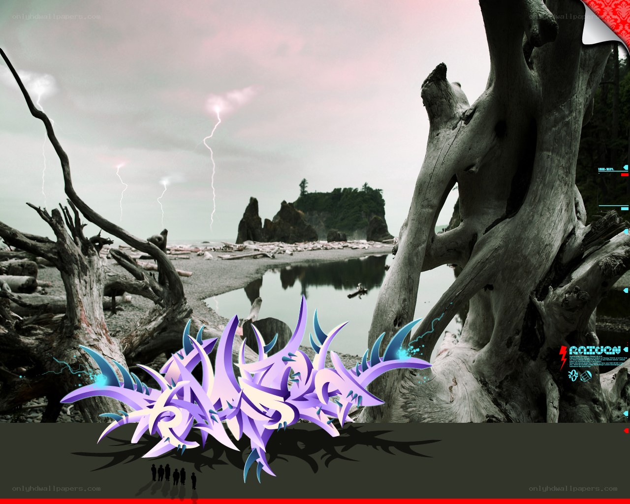 Stormy beach with graffiti art