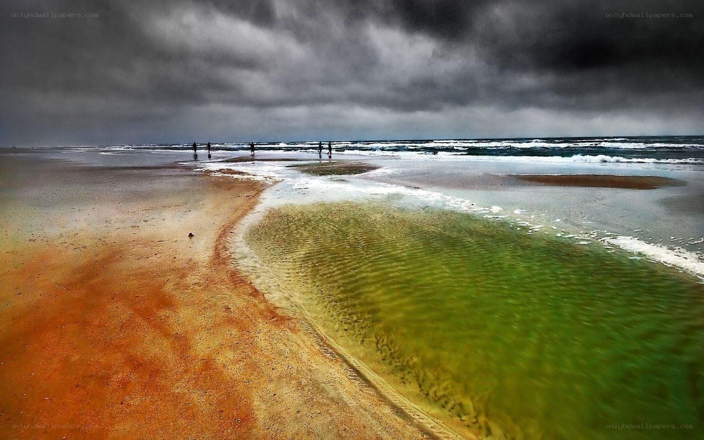 Stormy beach with green water