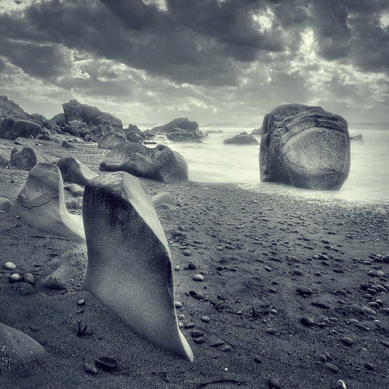Stormy beach with large rocks