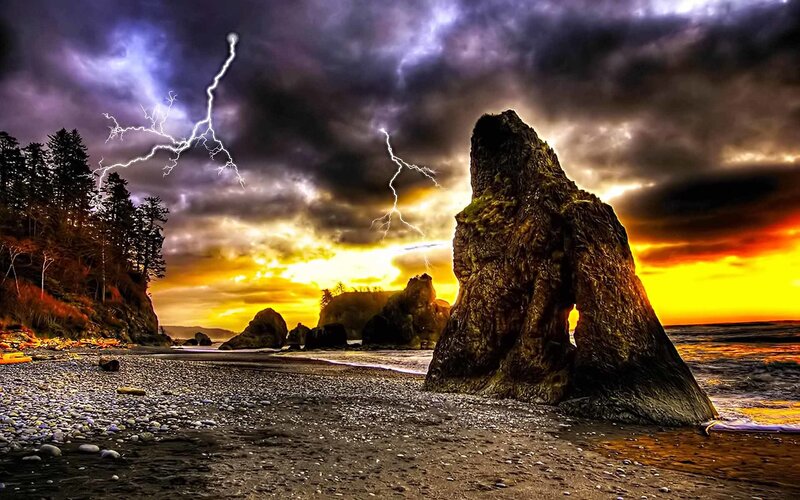 Stormy beach with lightning