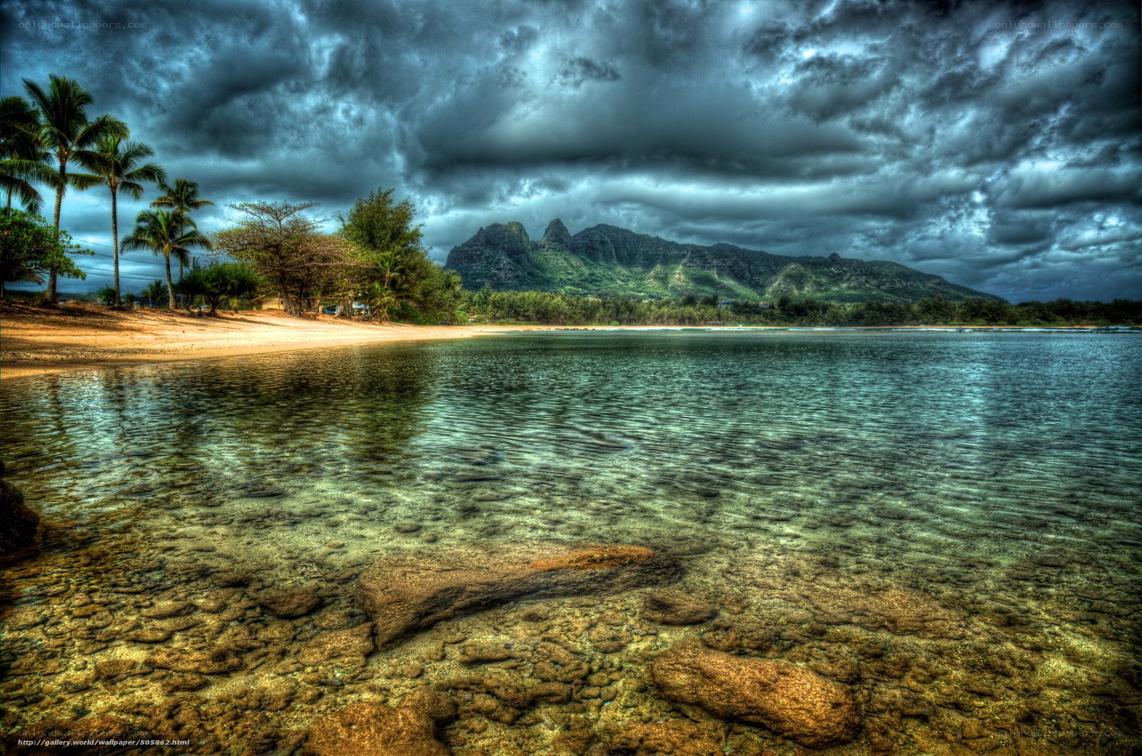 Stormy beach with mountains