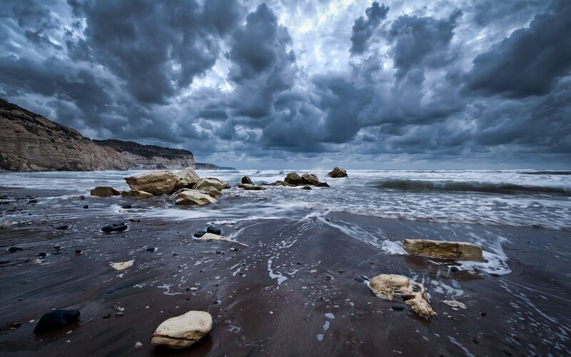 Stormy Beach with Rocks — Blue, Dramatic, Photograph, Ocean, Cliffs