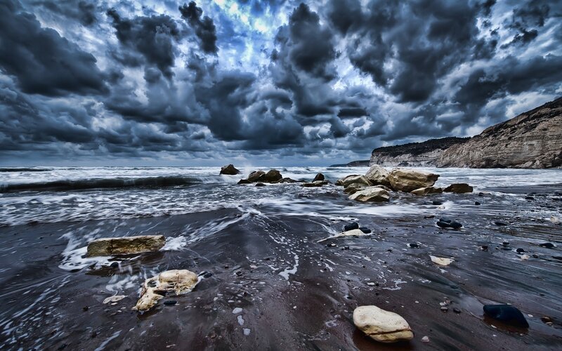 Stormy Beach with Rocks — Blue, Dramatic, Photograph, Ocean, Clouds, Cliffs