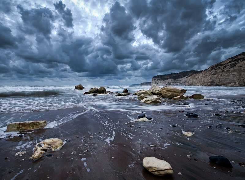 Stormy Beach with Rocks — Blue, Dramatic, Photograph