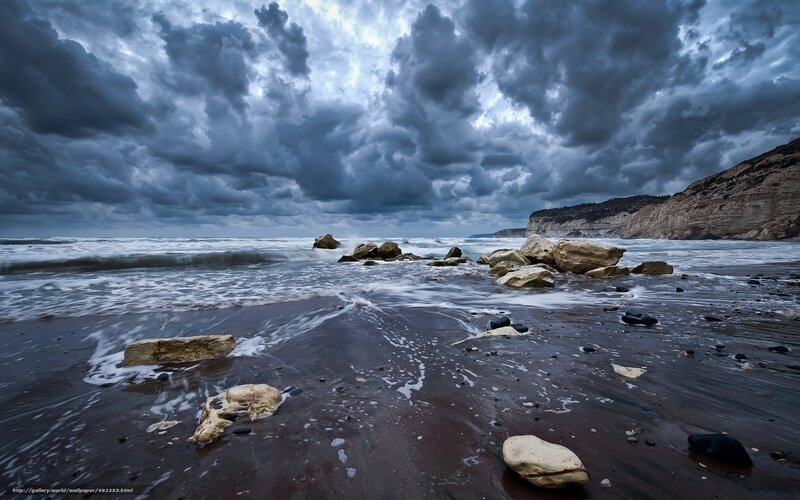 Stormy Beach with Rocks — Gray, Dramatic, Night, Photograph