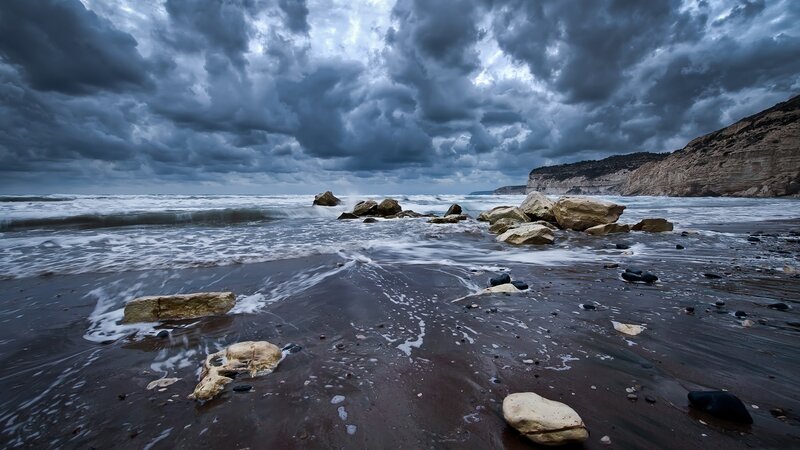 Stormy Beach with Rocks — Gray, Dramatic, Photograph, Ocean, Cliffs
