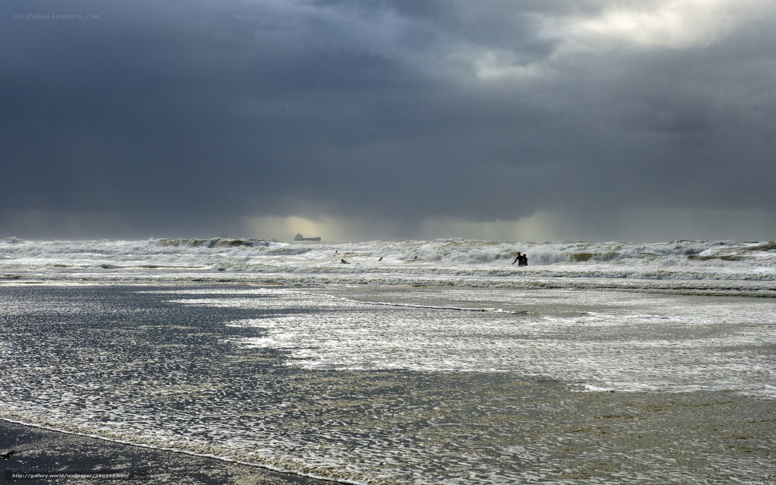 Stormy beach with surfers