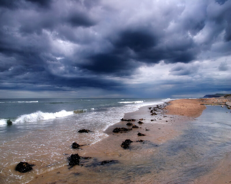 Stormy Beach with Waves — Gray, Dramatic, Photograph, Clouds, Ocean