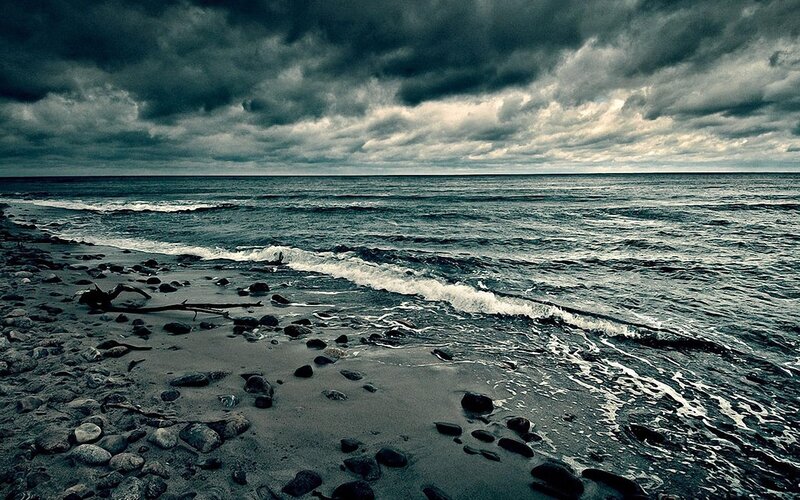 Stormy Beach with Waves — Gray, Dramatic, Photograph, Driftwood, Rocks