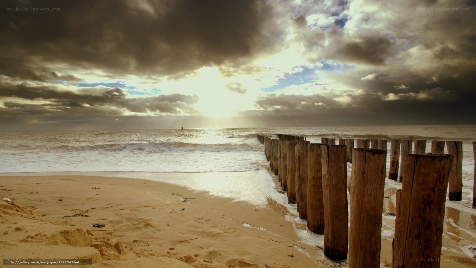 Stormy beach with wooden groynes