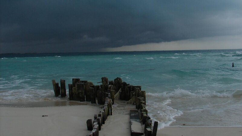 Stormy beach with wooden posts