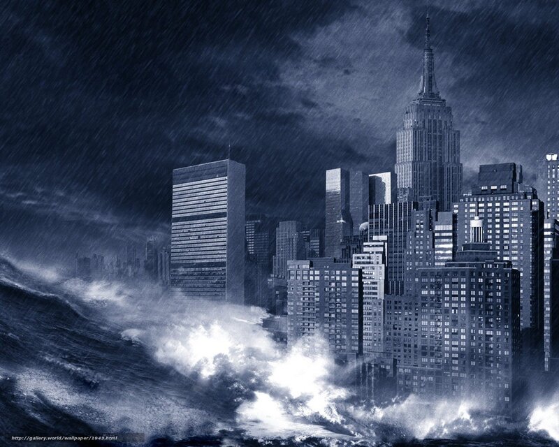 Stormy city skyline with waves