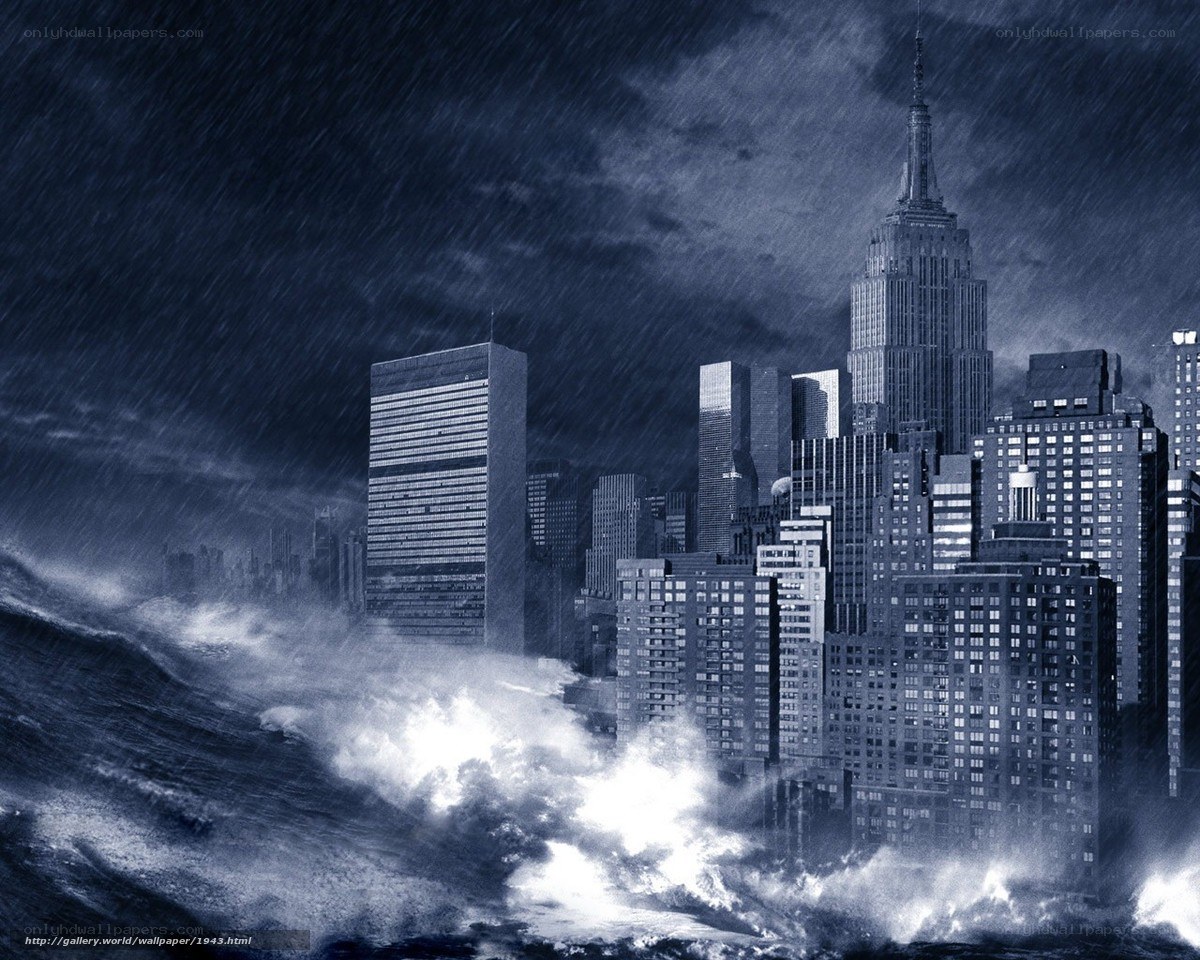 Stormy city skyline with waves