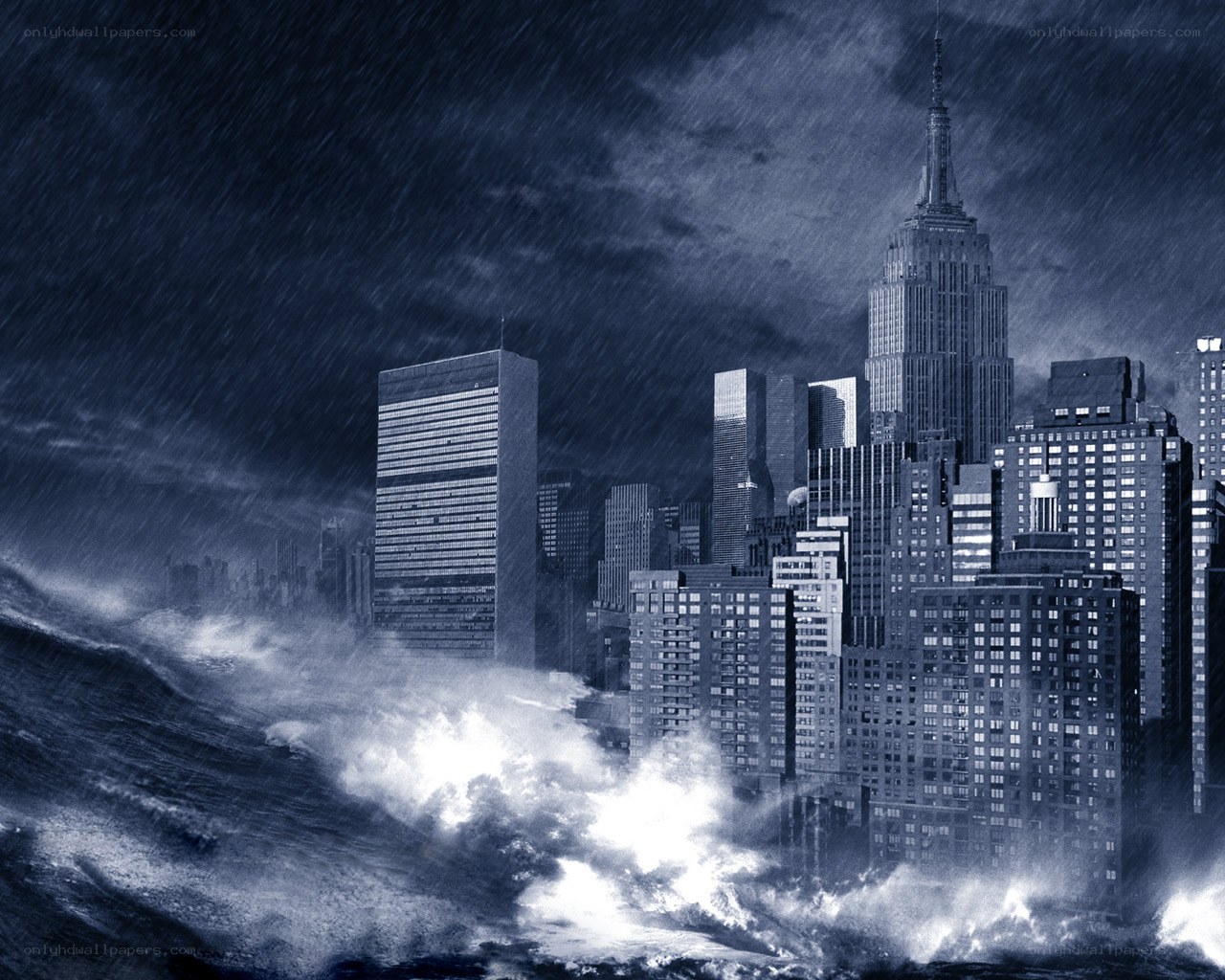Stormy city with tsunami