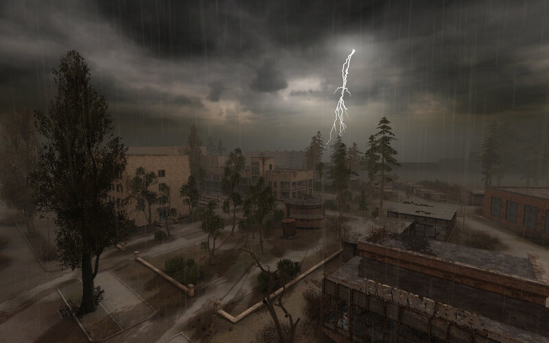 Stormy cityscape with lightning