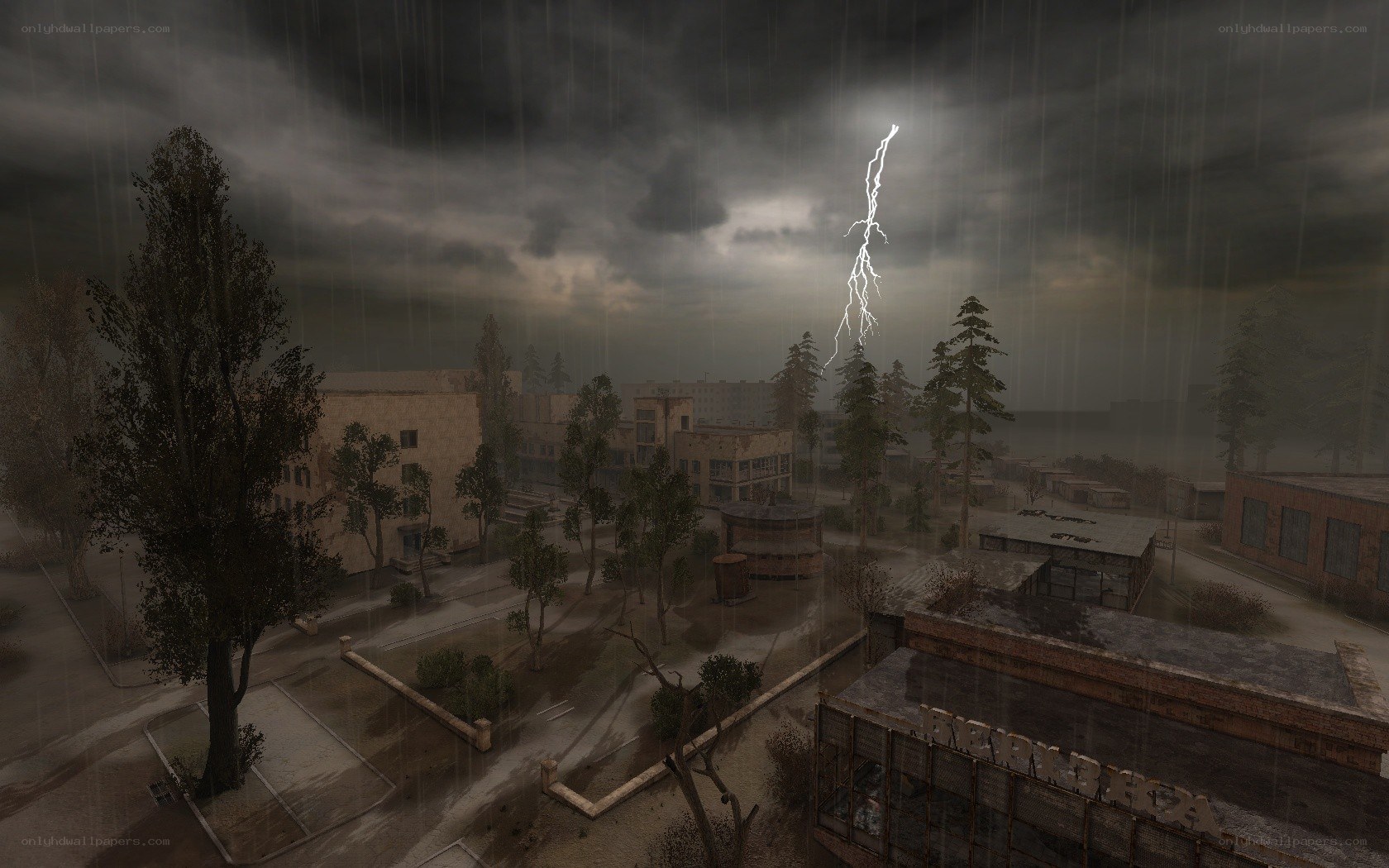 Stormy cityscape with lightning