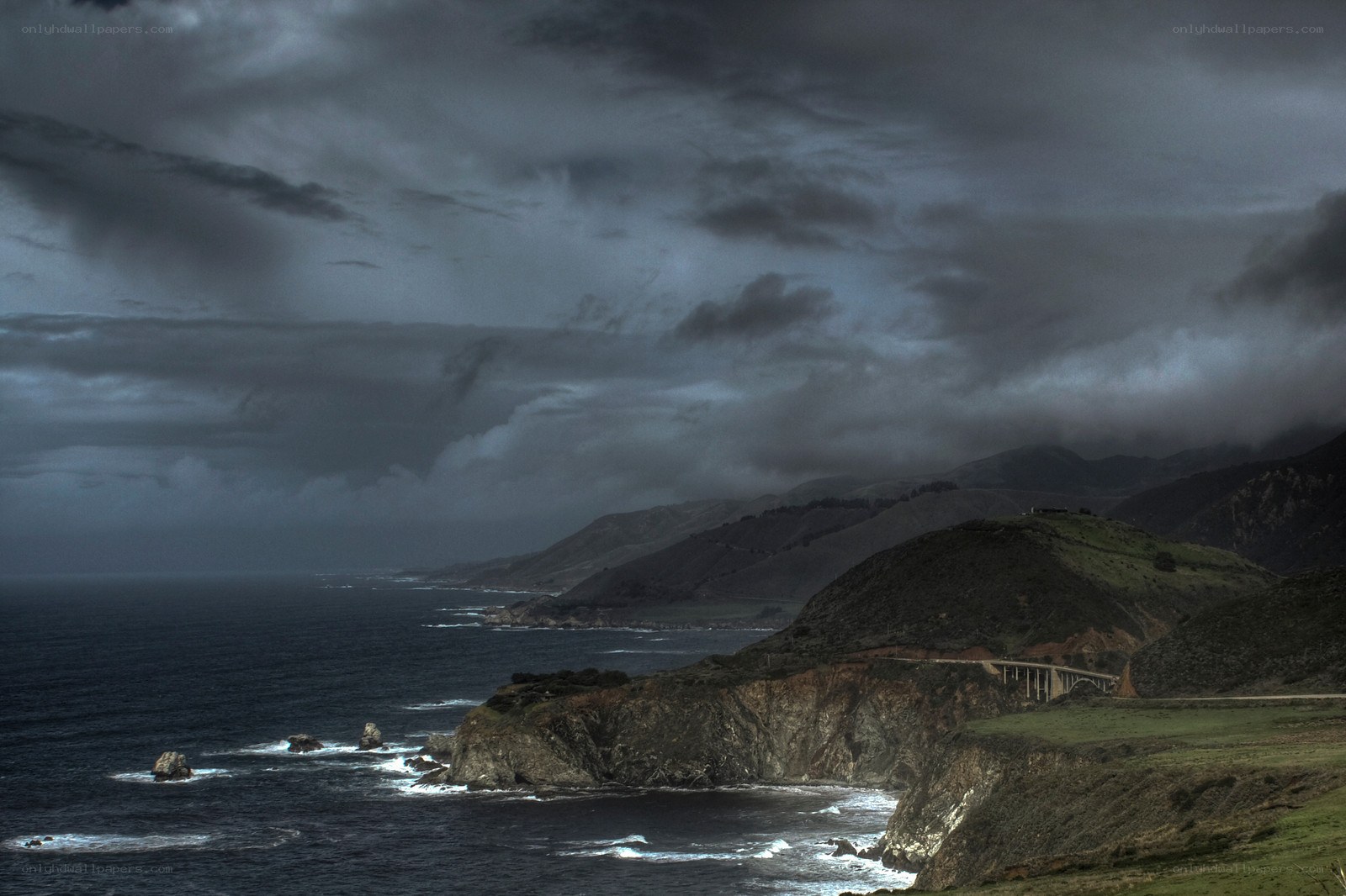 Stormy coast with bridge