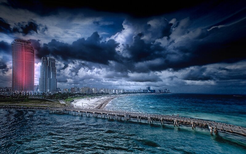 Stormy coastal cityscape