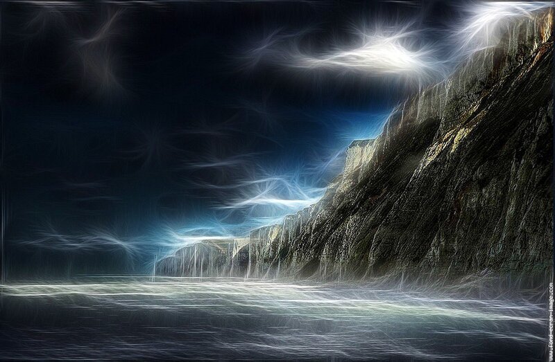 Stormy coastal cliffs at night