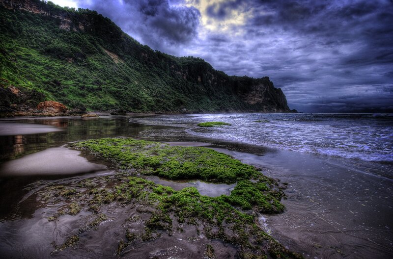 Stormy coastal landscape with green moss