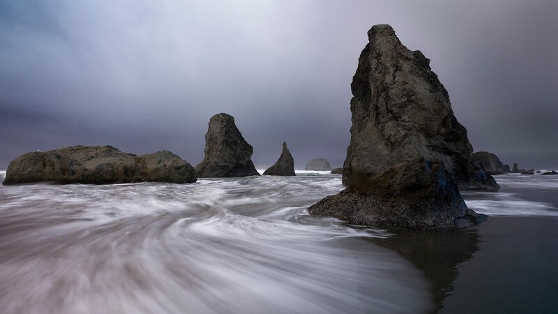 Stormy coastal rocks at low tide