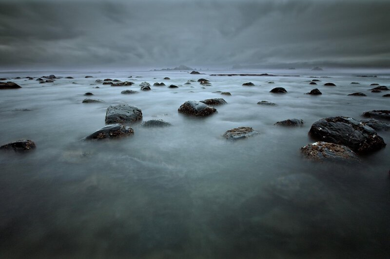 Stormy coastal rocks at low tide
