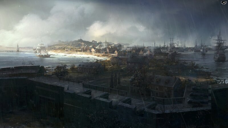 Stormy coastal town view