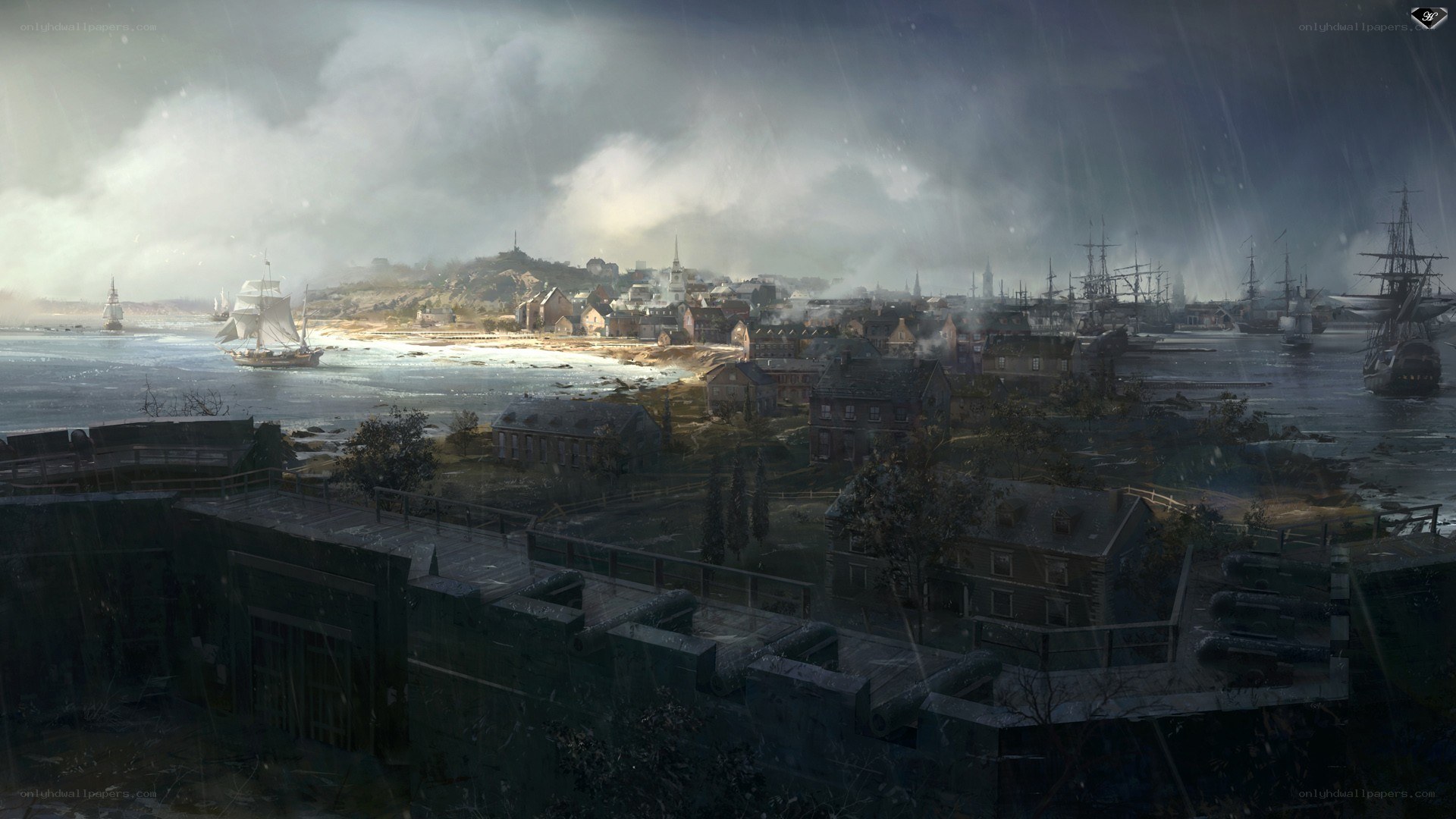 Stormy coastal town view